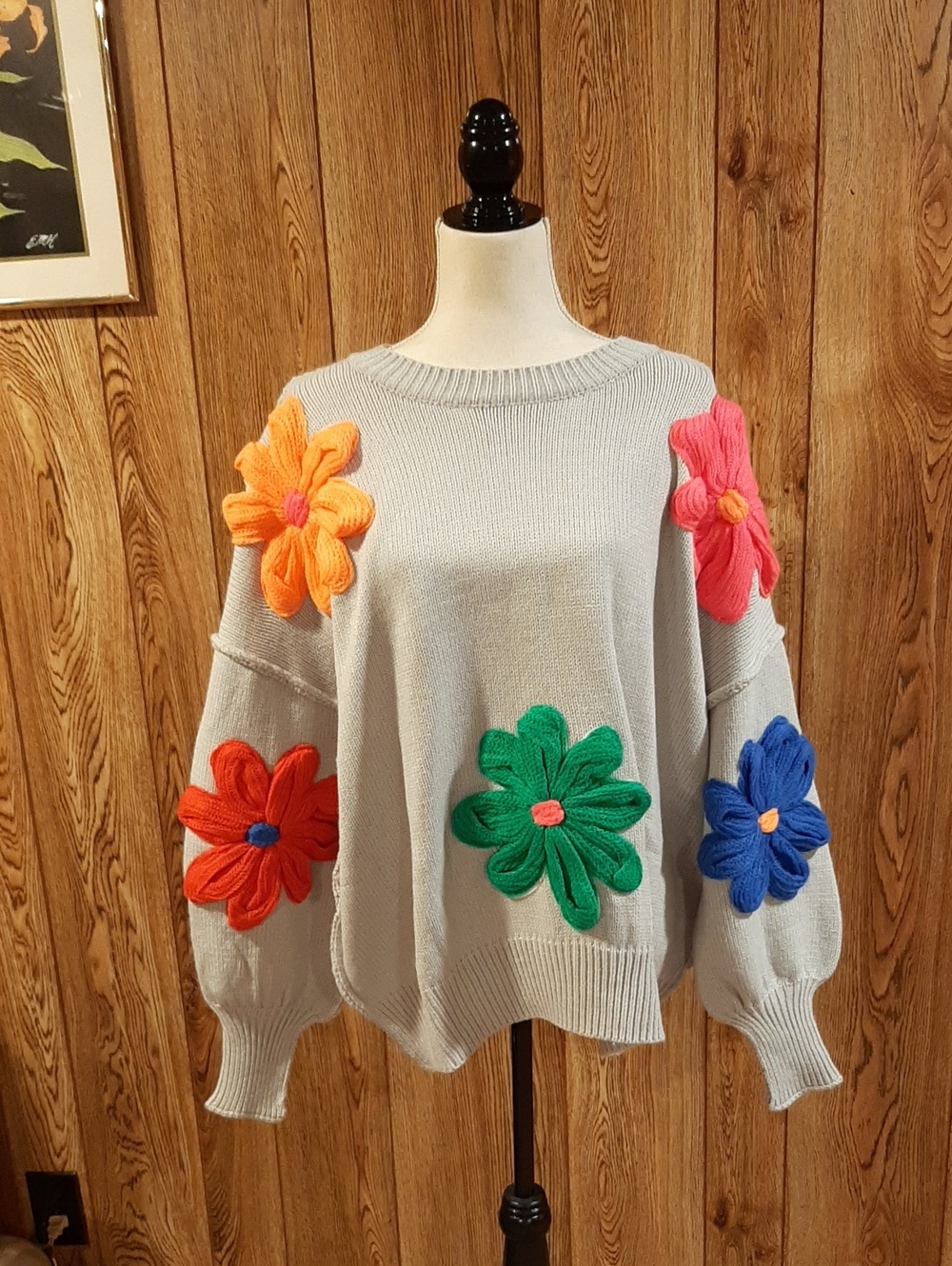 🥀NWT Davi & Dani Grey 3D Flower-Print Long-Sleeve Sweater (L)🥀